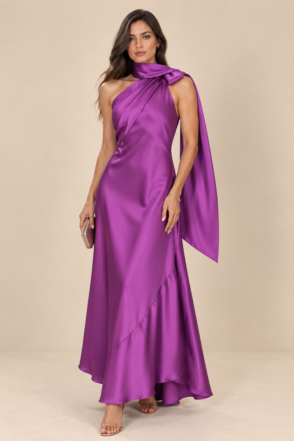 VESTIDO DE SATÍN CON BUFANDA EN CUELLO